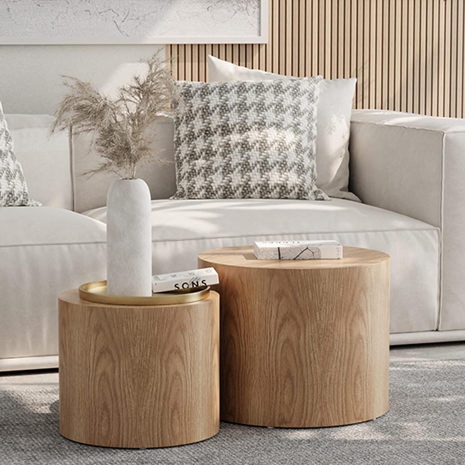 Small Round Coffee Table Nesting End Table Set of 2, Wood Side Circle Accent Tables for Small Spaces Living Room Bedroom Balcony Office, Oak